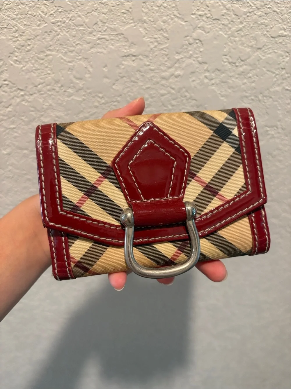 Burberry Nova Check Plaid Wallet with Red Trim